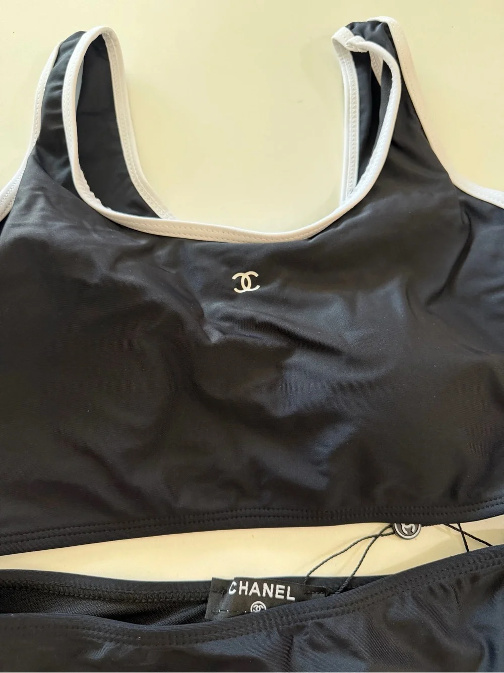 CHANEL Black Bikini Set with White Trim